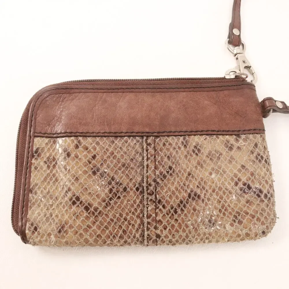 Vtg Fossil Wristlet Handbag Women Mini Brown Snakeskin Leather Purse Bag